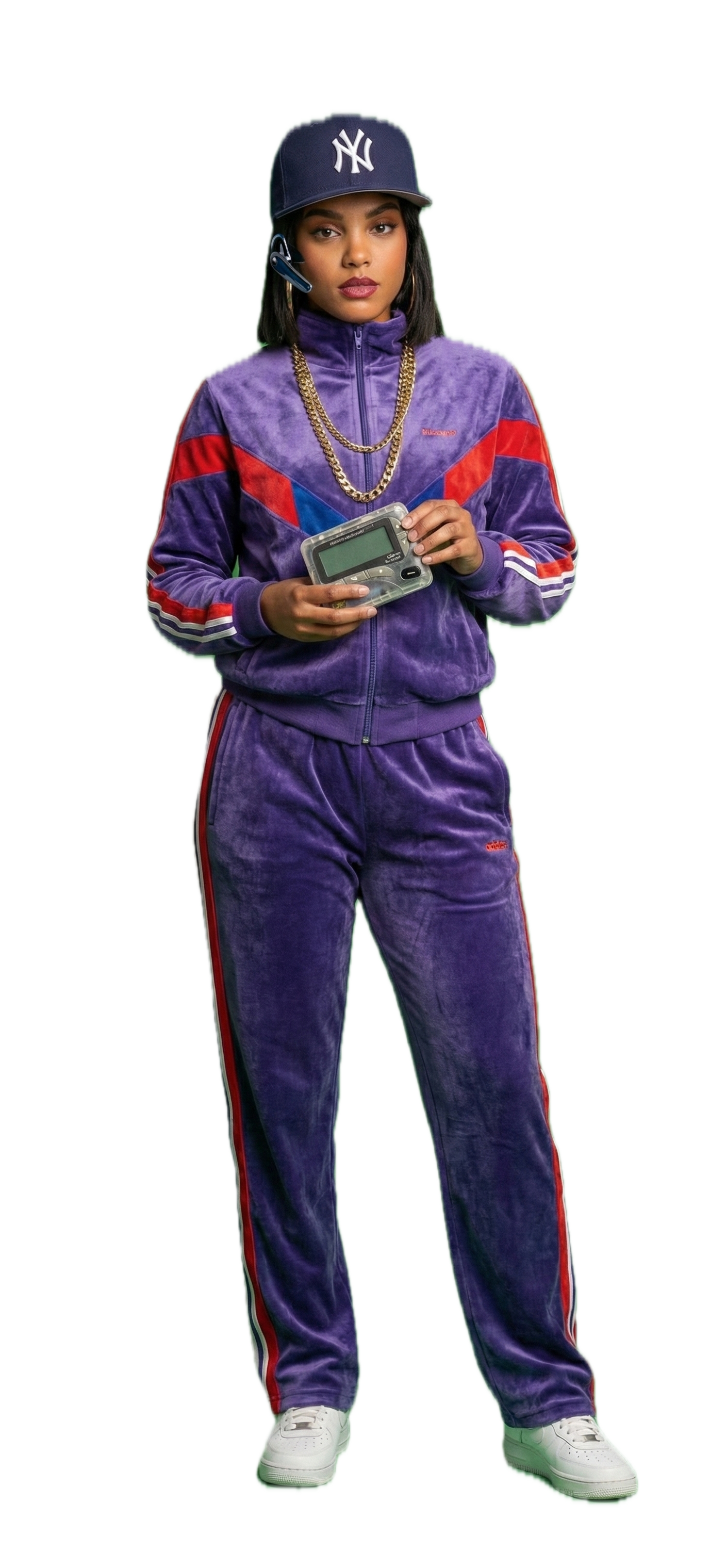 Woman in purple jogging suit with bluetooth headset